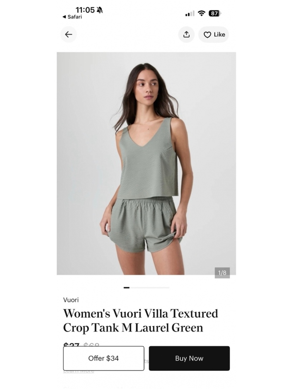 Vuori Villa Textured Crop Tank in Laurel Green, Size M NWT